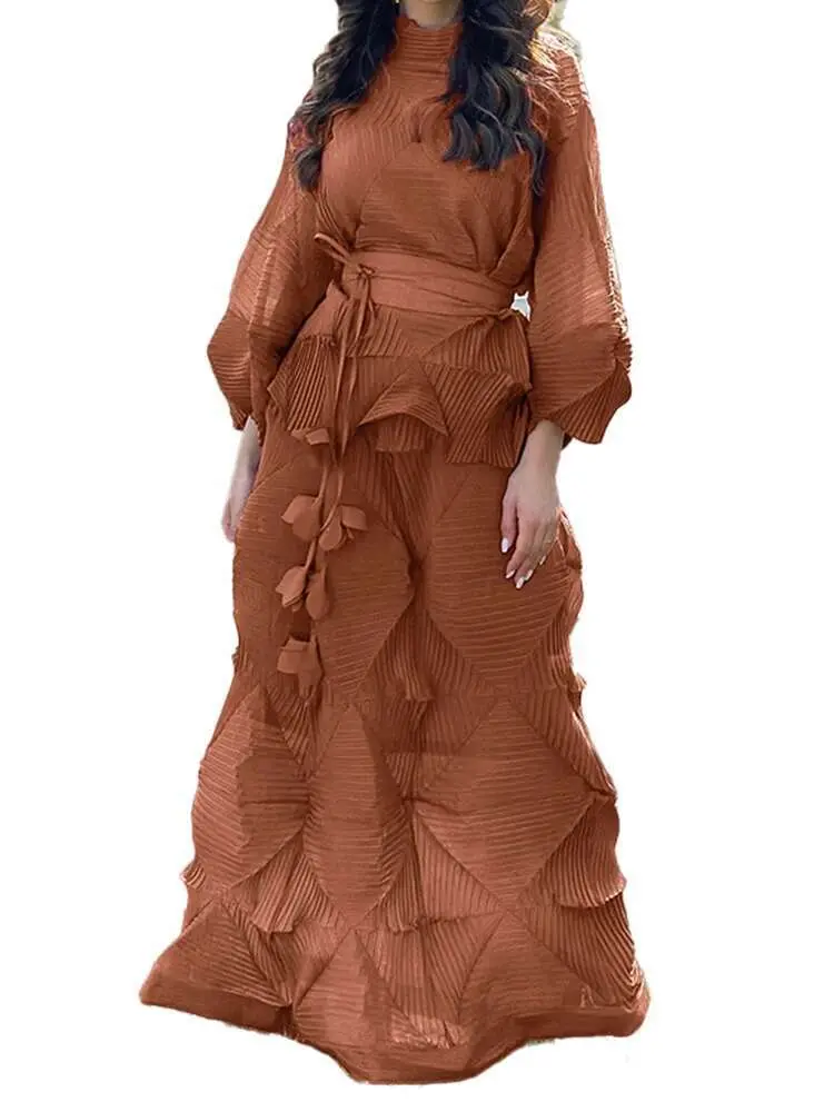 LANMREM 2 Pieces Sets For Women Handmade Pleated Bandage Shirt Top+long Length Fold Skirt Female Luxury Clothing 2DB2423