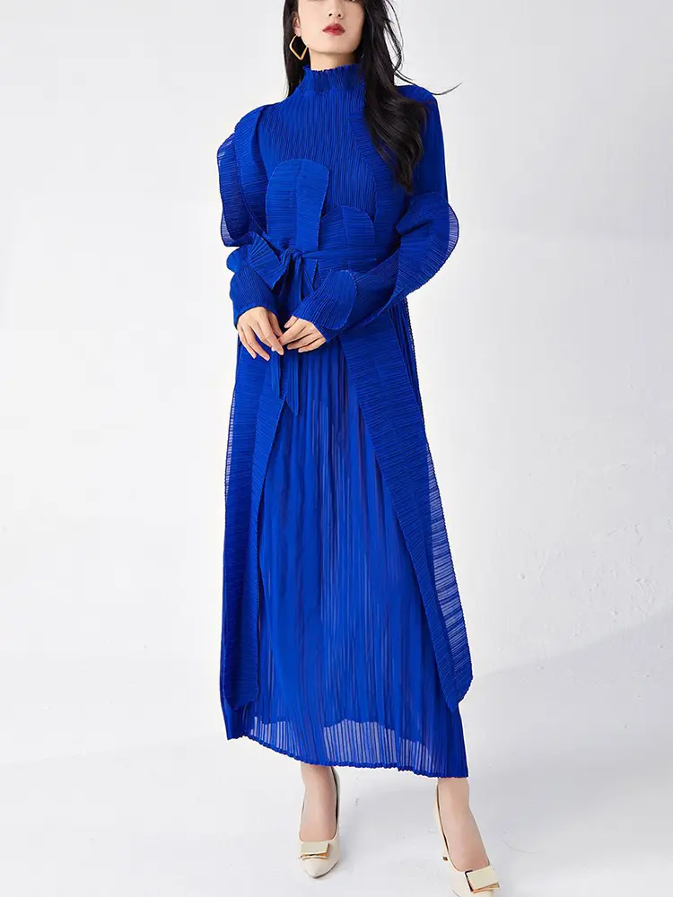 LANMREM Pleated Women's Irregular Patchwork Design Dresses High-end Loose Trendy Bandage Long Sleeve Stand Collar Dress 2DB3395