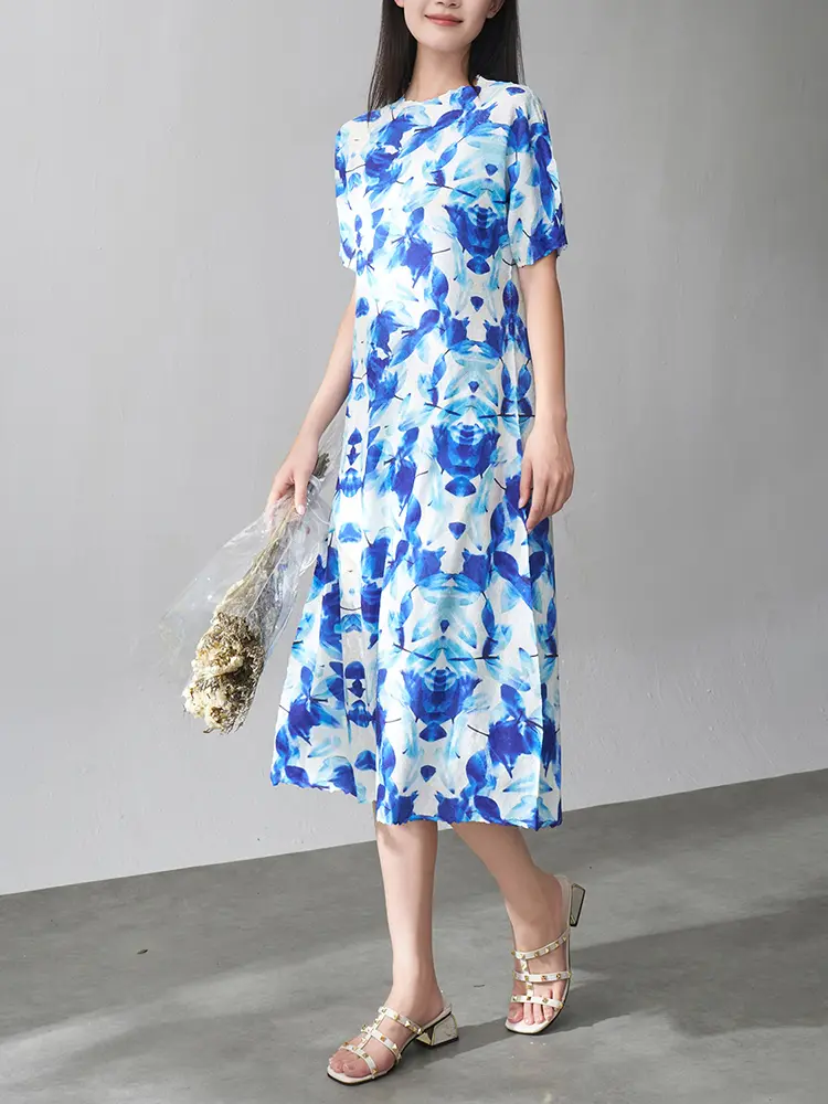 LANMREM Vintage Style Print Design Pleated Dress Women's Summer New High-end Mid-length A-line Thin Dresses 2025 New 2DM1017