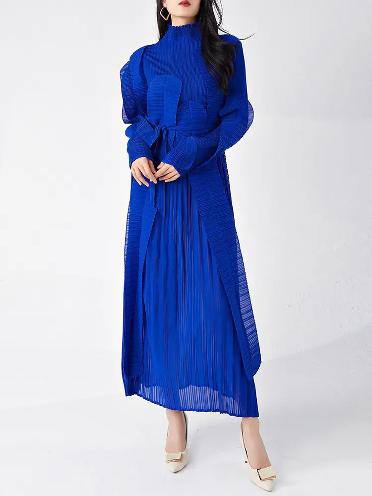 LANMREM Pleated Women's Irregular Patchwork Design Dresses High-end Loose Trendy Bandage Long Sleeve Stand Collar Dress 2DB3395