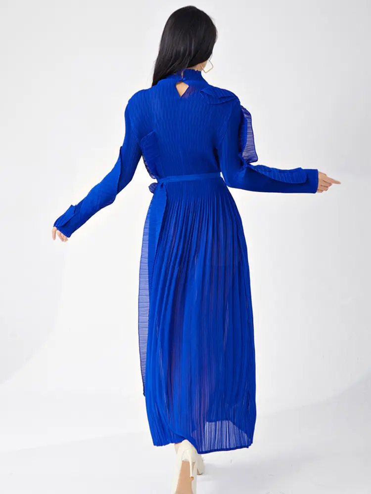 LANMREM Pleated Women's Irregular Patchwork Design Dresses High-end Loose Trendy Bandage Long Sleeve Stand Collar Dress 2DB3395