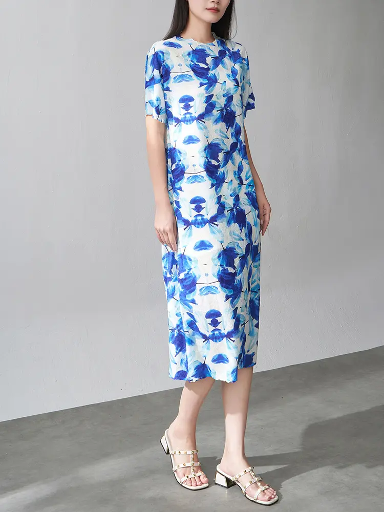 LANMREM Vintage Style Print Design Pleated Dress Women's Summer New High-end Mid-length A-line Thin Dresses 2025 New 2DM1017