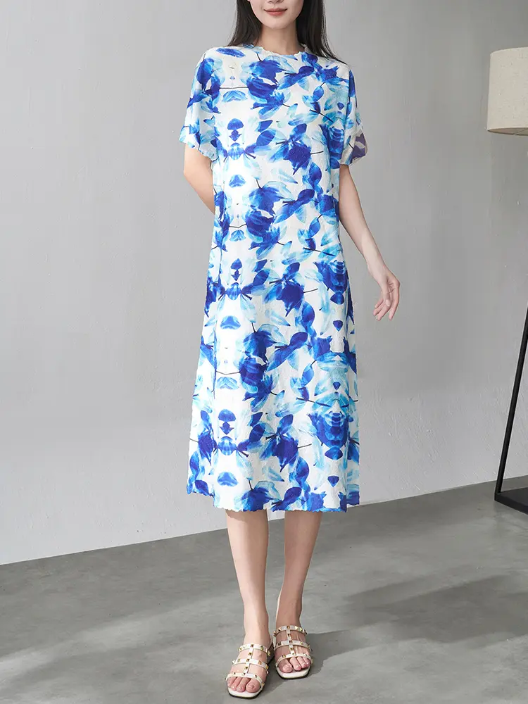 LANMREM Vintage Style Print Design Pleated Dress Women's Summer New High-end Mid-length A-line Thin Dresses 2025 New 2DM1017