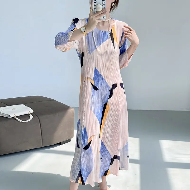 LANMREM Pleated Geometric Printting Women's Dress Chic New Fashion Elegant Round Collar Elastic Mid-Length Dresses New 2DB3834