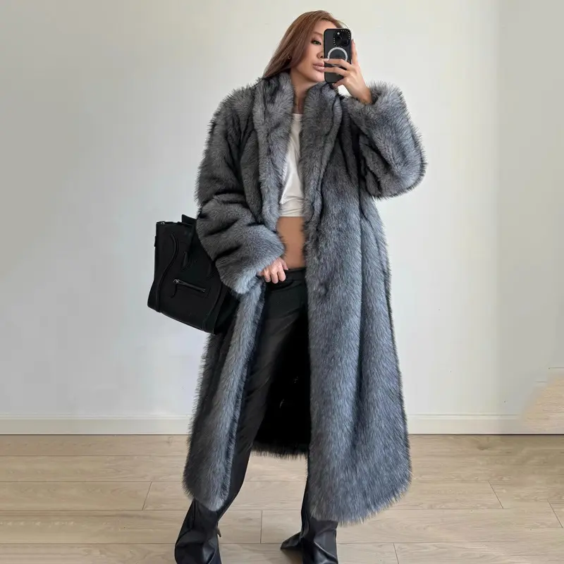 LANMREM High Qualityy Grey Women's Faux Fur Coat Winter Chic New Warm Lapel Long Sleeve Big Size Cardigan Thick Long Coat DB3882