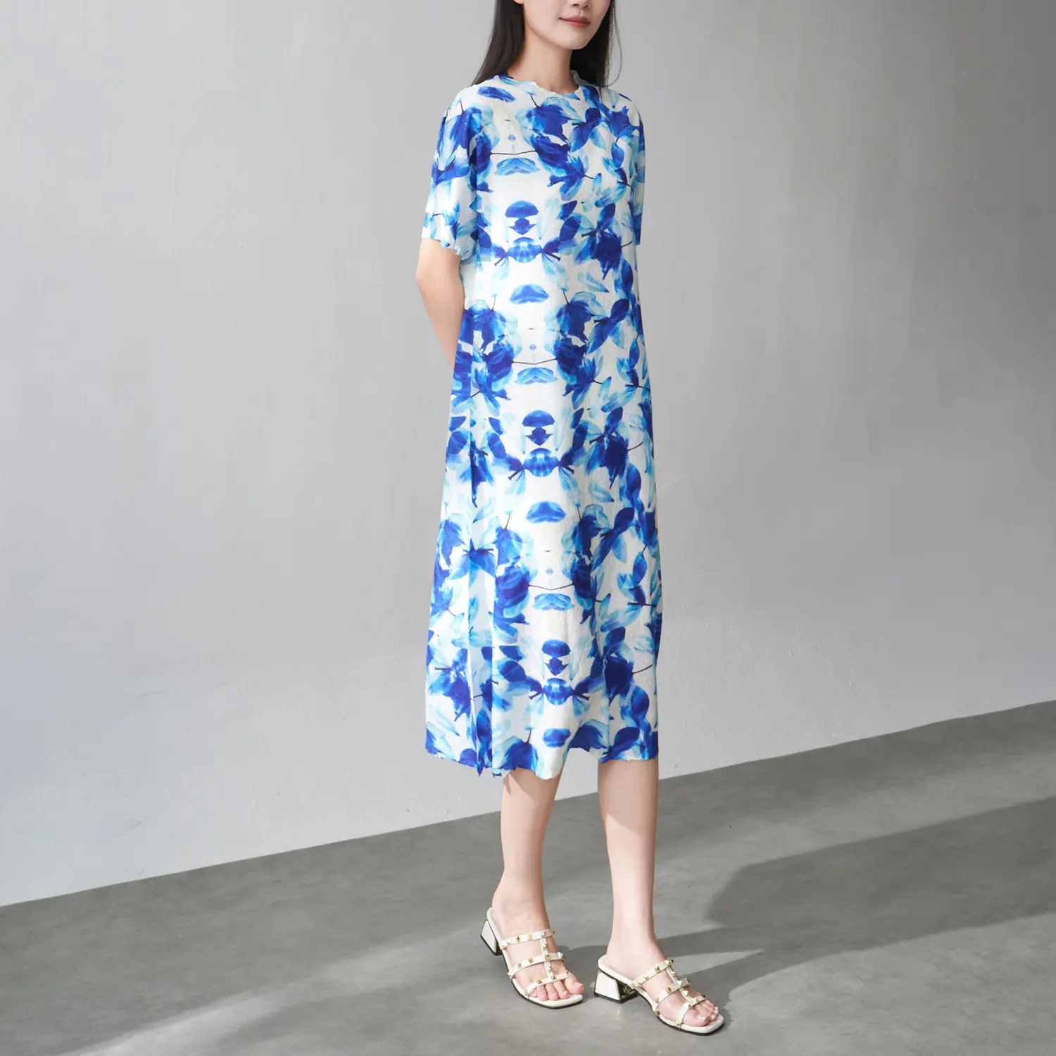 LANMREM Vintage Style Print Design Pleated Dress Women's Summer New High-end Mid-length A-line Thin Dresses 2025 New 2DM1017