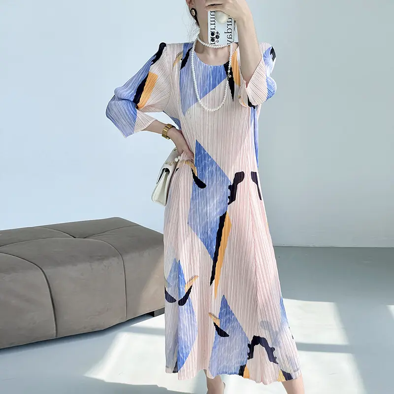 LANMREM Pleated Geometric Printting Women's Dress Chic New Fashion Elegant Round Collar Elastic Mid-Length Dresses New 2DB3834
