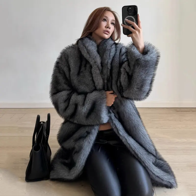 LANMREM High Qualityy Grey Women's Faux Fur Coat Winter Chic New Warm Lapel Long Sleeve Big Size Cardigan Thick Long Coat DB3882