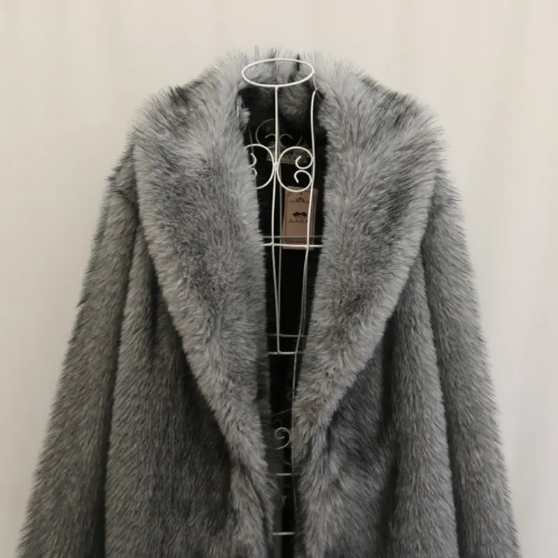 LANMREM High Qualityy Grey Women's Faux Fur Coat Winter Chic New Warm Lapel Long Sleeve Big Size Cardigan Thick Long Coat DB3882