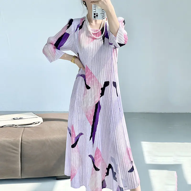 LANMREM Pleated Geometric Printting Women's Dress Chic New Fashion Elegant Round Collar Elastic Mid-Length Dresses New 2DB3834