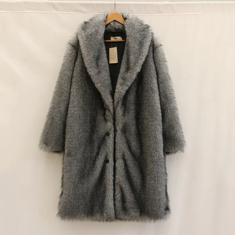 LANMREM High Qualityy Grey Women's Faux Fur Coat Winter Chic New Warm Lapel Long Sleeve Big Size Cardigan Thick Long Coat DB3882