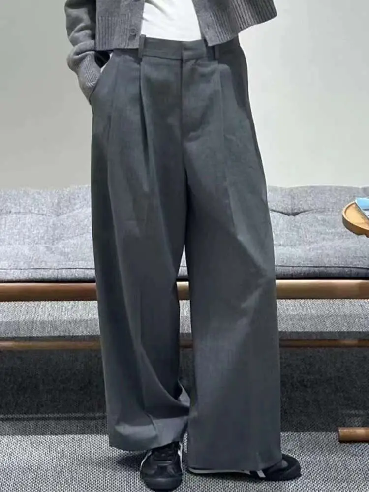 LANMREM Versatile Solid Color Wide Leg Trousers For Women High Waist Loose Office Lady Long Pants Fashion 2025 New 2VV1995