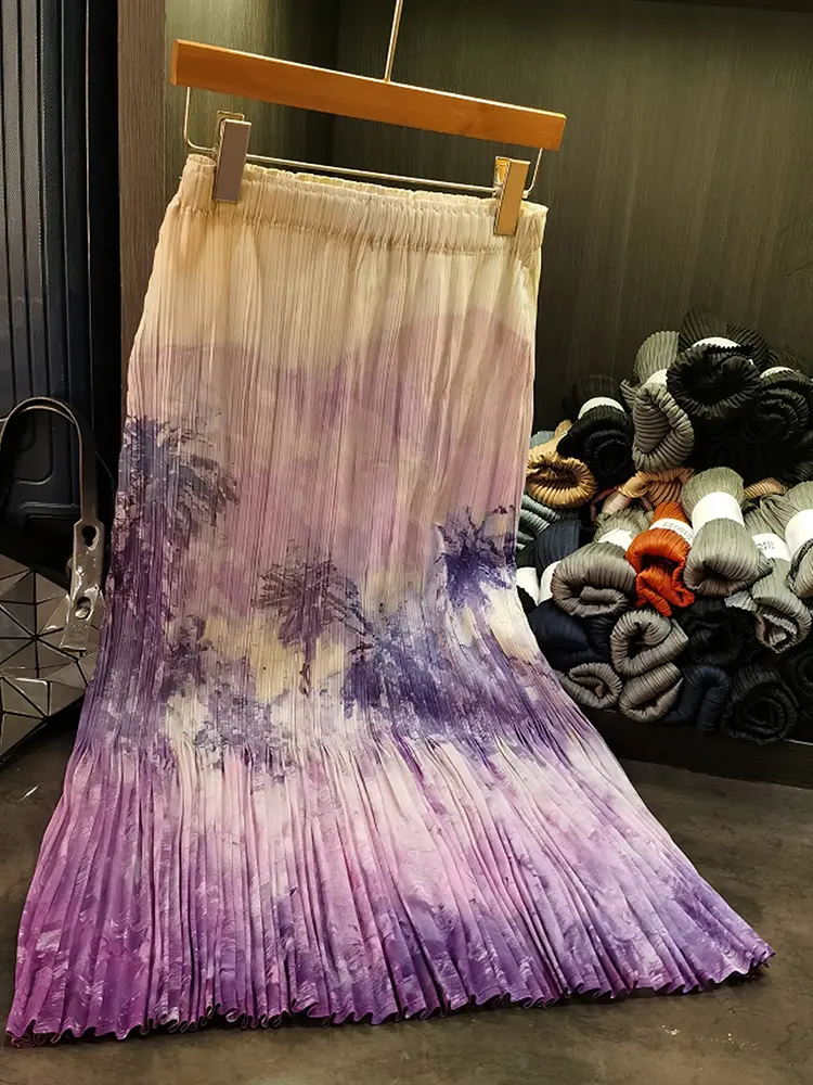 LANMREM Fashion Print Midi Pleated Skirt Summer New Elegant Versatile Fishtail Mid-Length Elastic Waist Skirt For Women 2DM1041