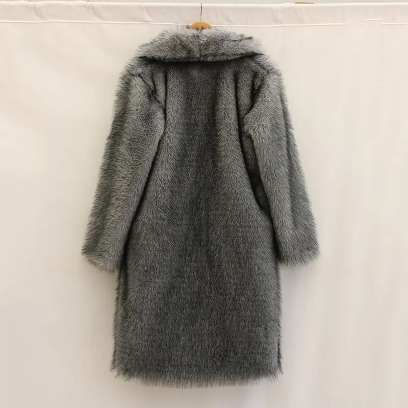 LANMREM High Qualityy Grey Women's Faux Fur Coat Winter Chic New Warm Lapel Long Sleeve Big Size Cardigan Thick Long Coat DB3882