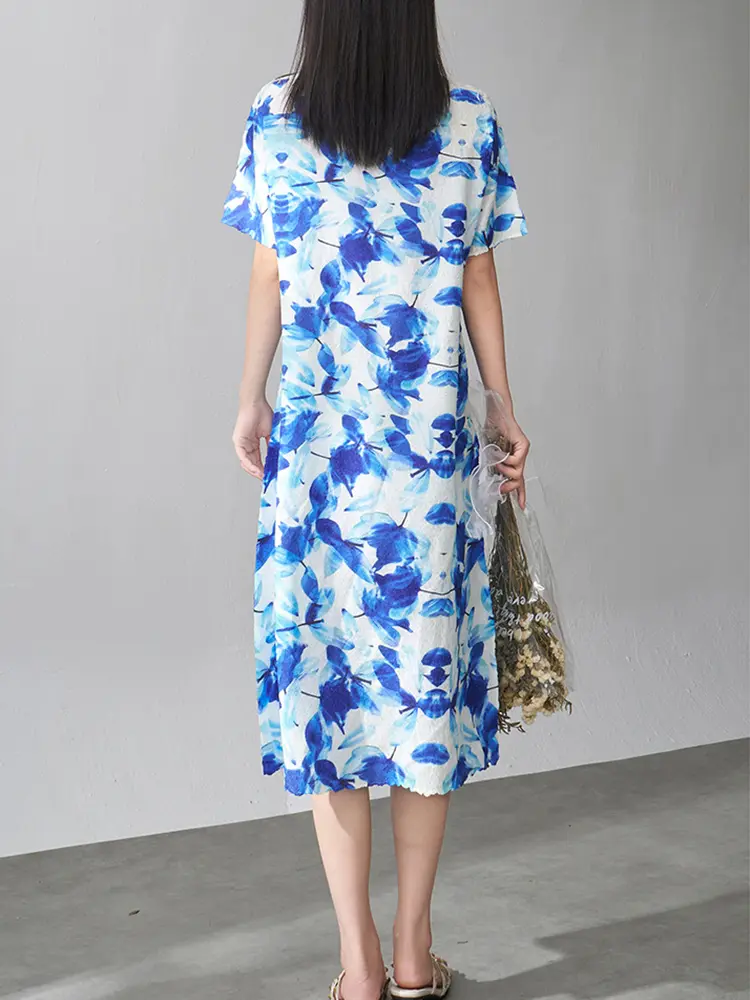LANMREM Vintage Style Print Design Pleated Dress Women's Summer New High-end Mid-length A-line Thin Dresses 2025 New 2DM1017