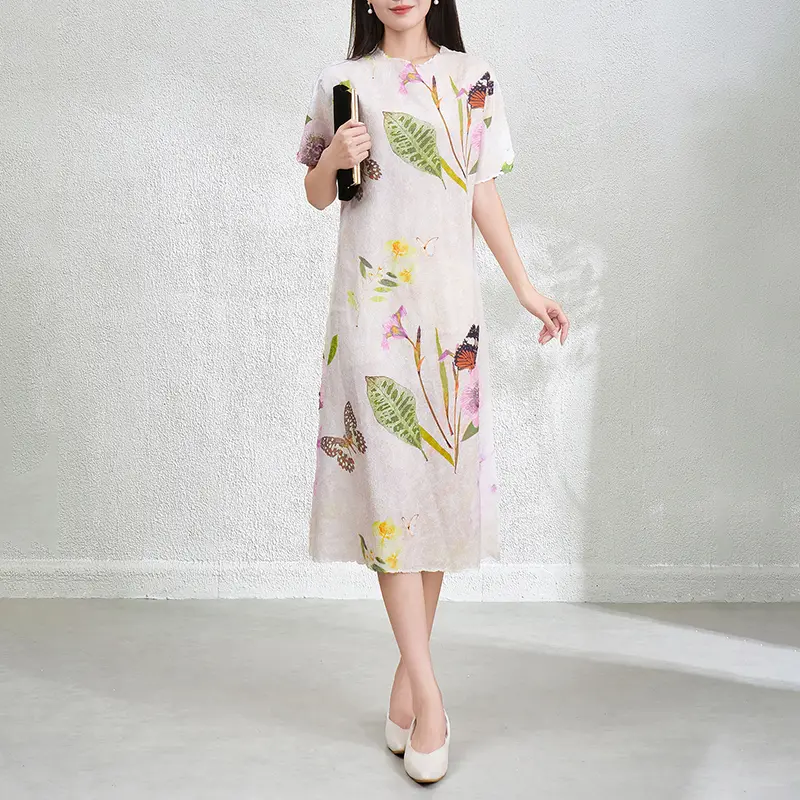 LANMREM French Style Chic High-end Floral Print Women's Dress New Pleated Loose Short Sleeve Summer Lightweight Clothing 2DB3888