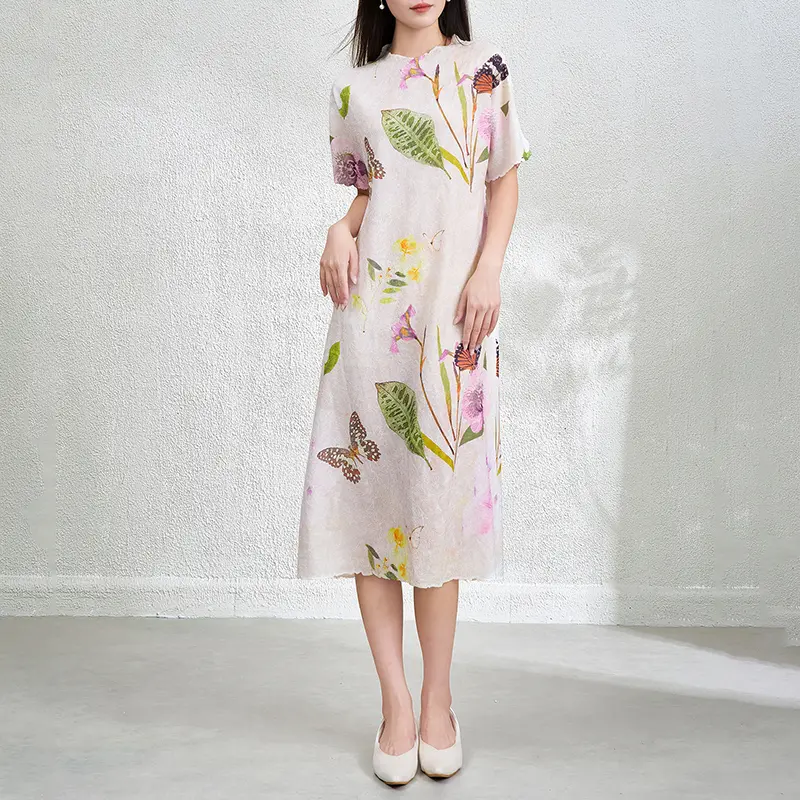 LANMREM French Style Chic High-end Floral Print Women's Dress New Pleated Loose Short Sleeve Summer Lightweight Clothing 2DB3888