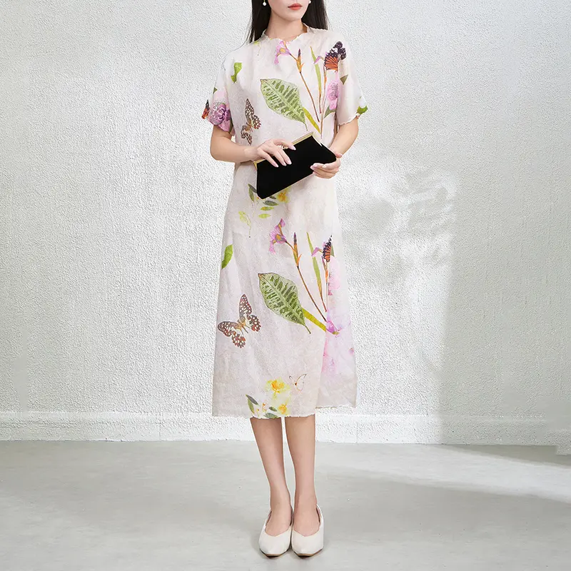 LANMREM French Style Chic High-end Floral Print Women's Dress New Pleated Loose Short Sleeve Summer Lightweight Clothing 2DB3888