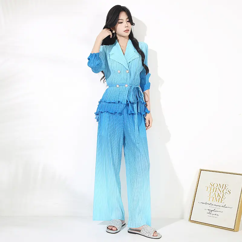 LANMREM Women's New Two Pieces Set Pleated Gradient Blazer Collar Ruffled Long Sleeve Jacket + High Waist Straight Pants 2DB4099