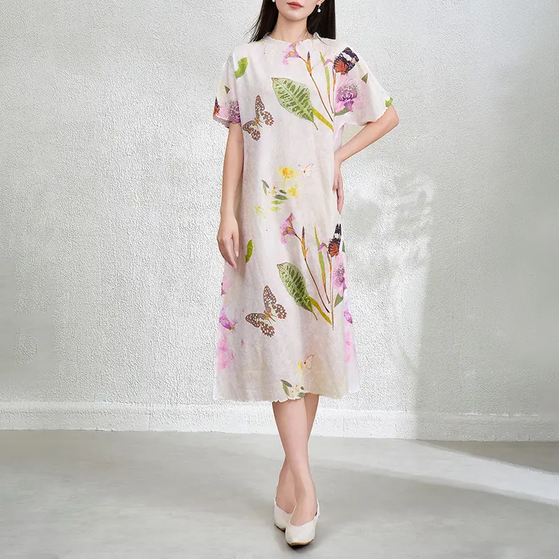 LANMREM French Style Chic High-end Floral Print Women's Dress New Pleated Loose Short Sleeve Summer Lightweight Clothing 2DB3888