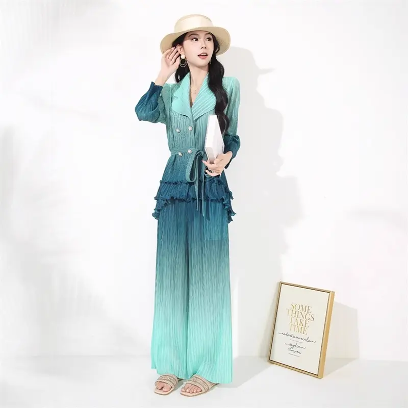 LANMREM Women's New Two Pieces Set Pleated Gradient Blazer Collar Ruffled Long Sleeve Jacket + High Waist Straight Pants 2DB4099