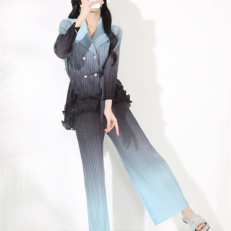 LANMREM Women's New Two Pieces Set Pleated Gradient Blazer Collar Ruffled Long Sleeve Jacket + High Waist Straight Pants 2DB4099