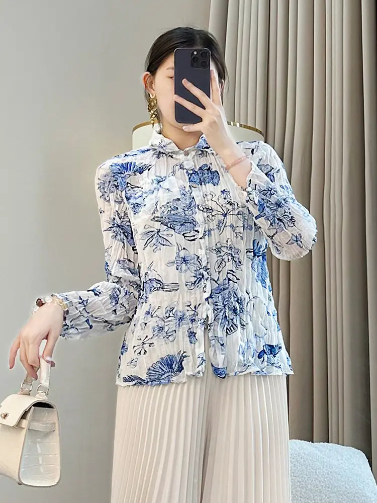 LANMREM Blue Printting Elastic Slim Pleated Women's Shirt 2025 New Long Sleeve Turn Down Collar Blouse Top Chic Fashion 2DB3430