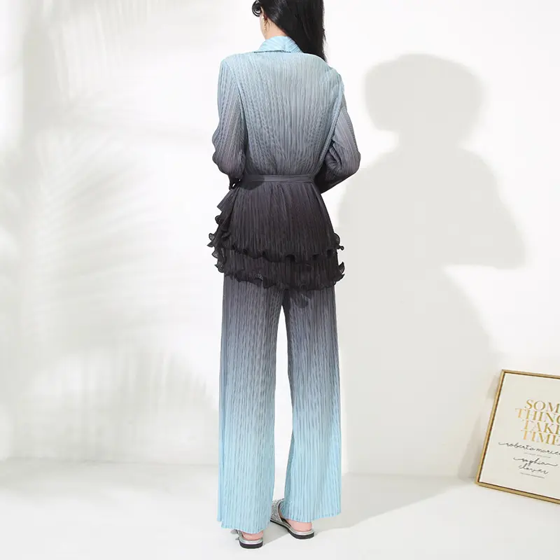 LANMREM Women's New Two Pieces Set Pleated Gradient Blazer Collar Ruffled Long Sleeve Jacket + High Waist Straight Pants 2DB4099