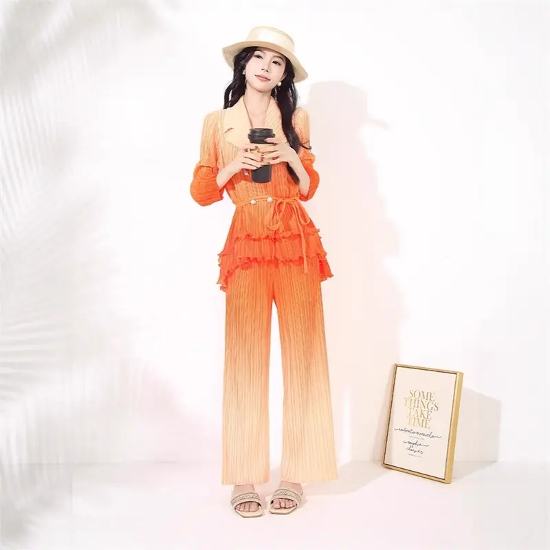 LANMREM Women's New Two Pieces Set Pleated Gradient Blazer Collar Ruffled Long Sleeve Jacket + High Waist Straight Pants 2DB4099