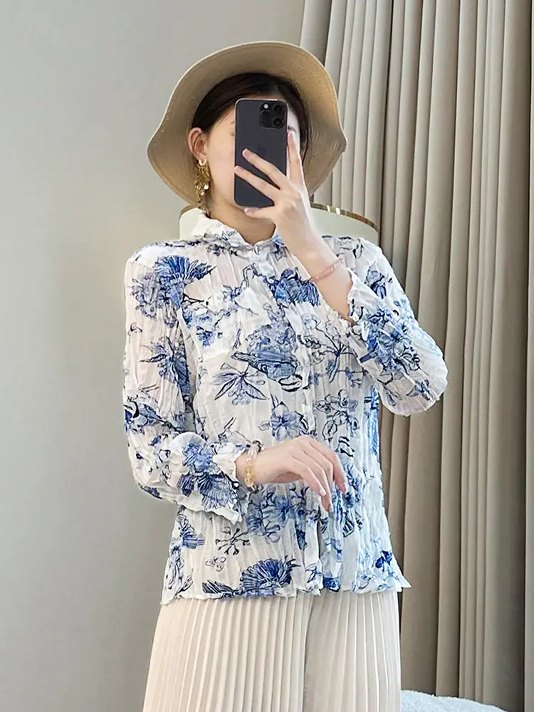 LANMREM Blue Printting Elastic Slim Pleated Women's Shirt 2025 New Long Sleeve Turn Down Collar Blouse Top Chic Fashion 2DB3430
