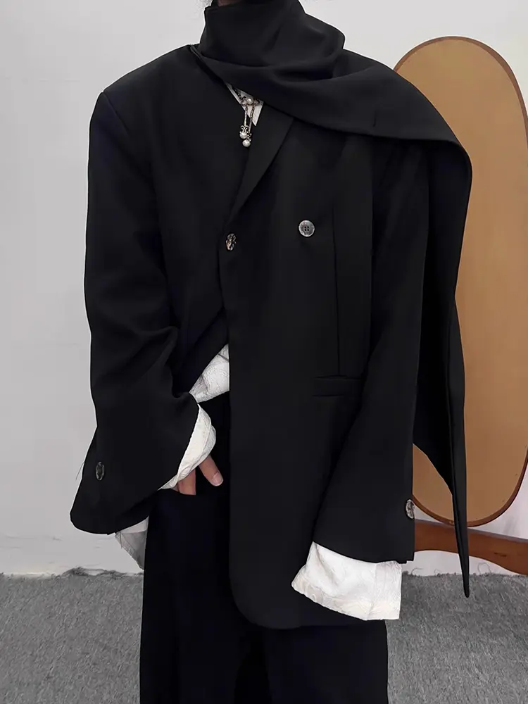 LANMREM Scarf Collar Irregular Blazer Coat Women High Street Office Lady Long Sleeves Solid Color Fashion Coats 2025 New 2DB2012