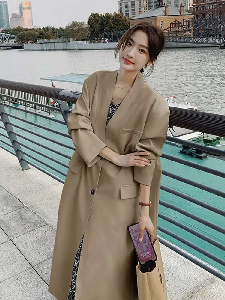 LANMREM Office Lady Long Blazer For Women V Neck Single Breasted Solid Color Coat Fashion 2024 Spring New Clothing 2DA4221