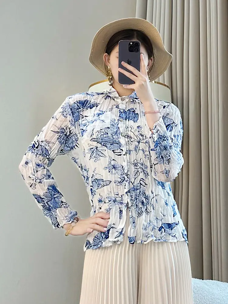 LANMREM Blue Printting Elastic Slim Pleated Women's Shirt 2025 New Long Sleeve Turn Down Collar Blouse Top Chic Fashion 2DB3430