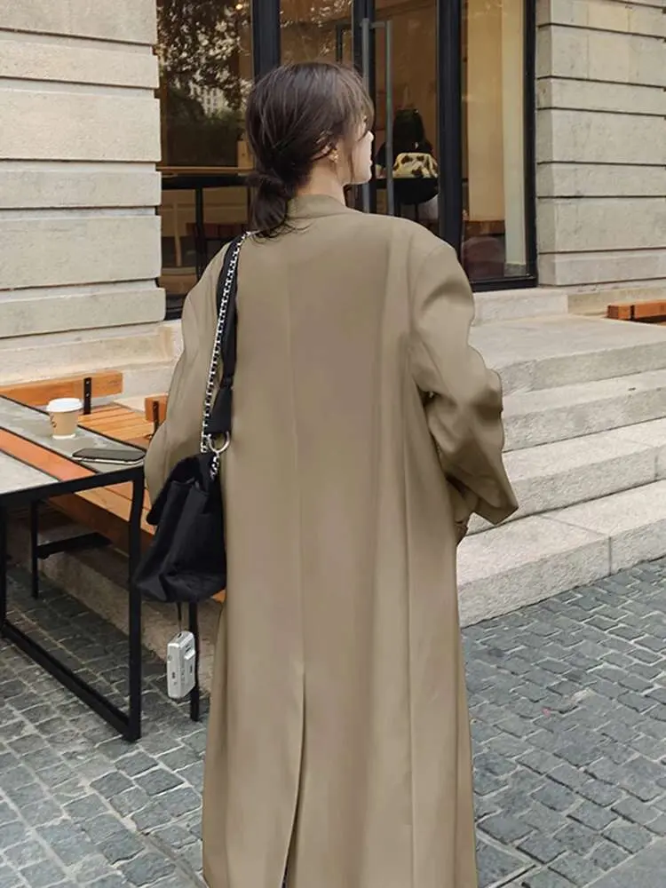 LANMREM Office Lady Long Blazer For Women V Neck Single Breasted Solid Color Coat Fashion 2024 Spring New Clothing 2DA4221