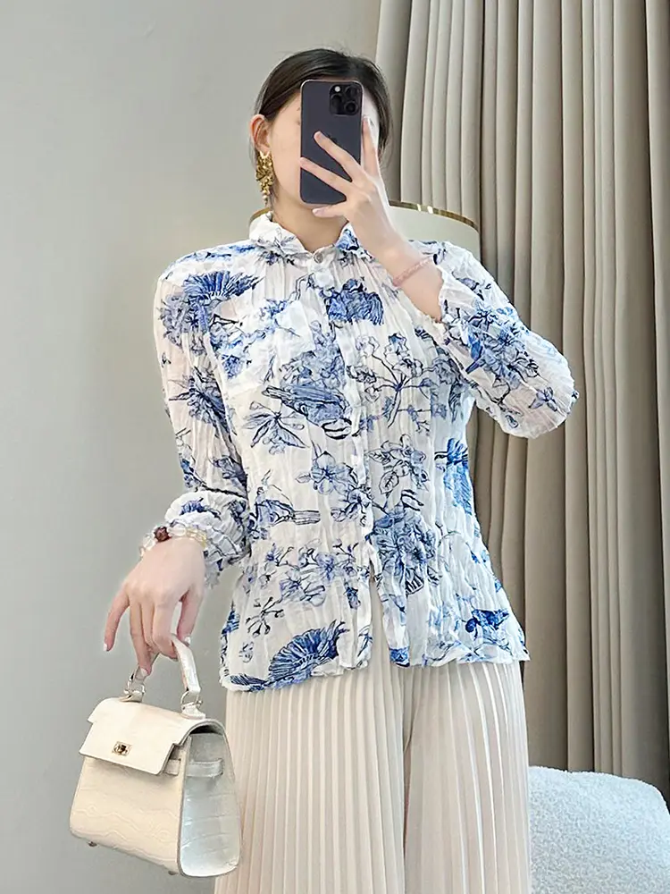 LANMREM Blue Printting Elastic Slim Pleated Women's Shirt 2025 New Long Sleeve Turn Down Collar Blouse Top Chic Fashion 2DB3430