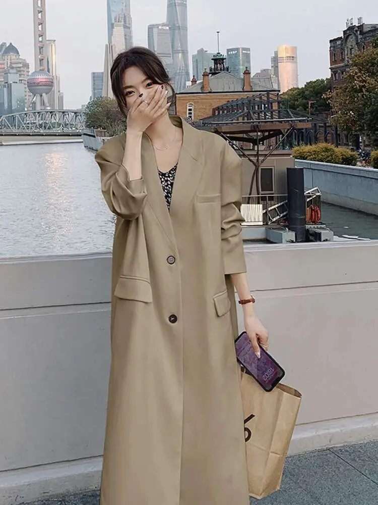 LANMREM Office Lady Long Blazer For Women V Neck Single Breasted Solid Color Coat Fashion 2024 Spring New Clothing 2DA4221