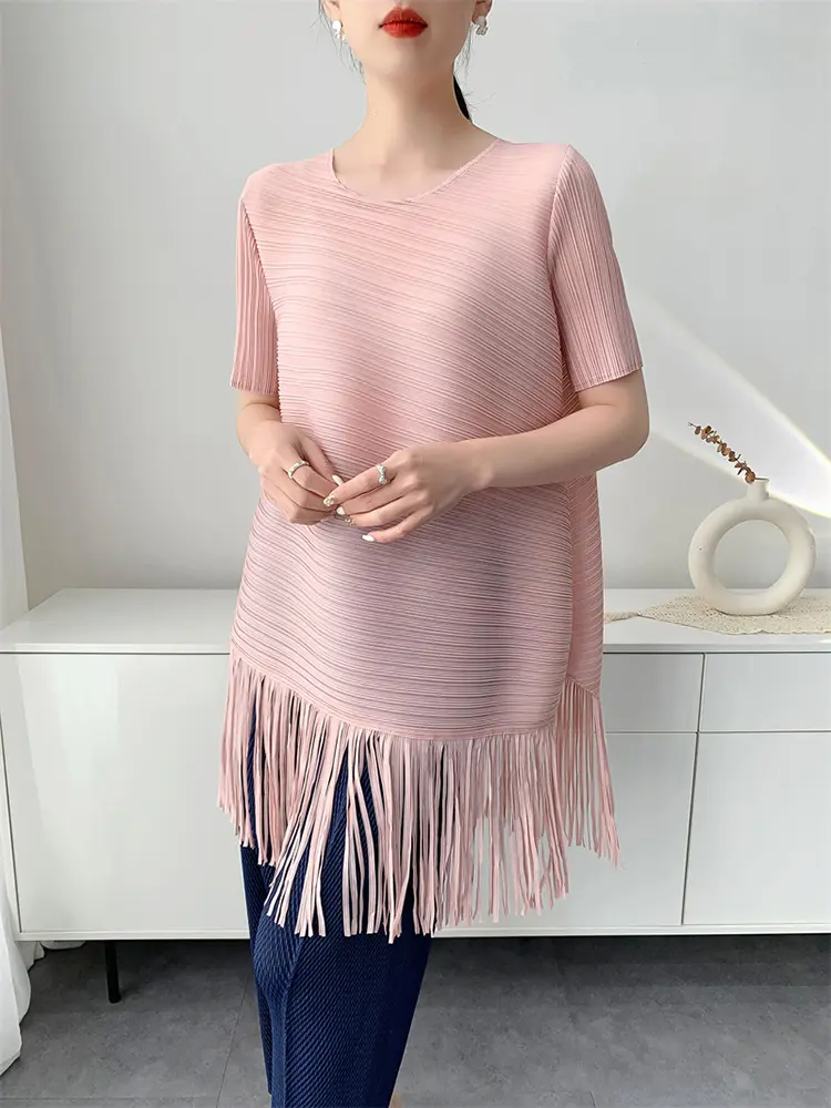 LANMREM Summer Tassel Hem Pleated Top For Women Casual Loose T-shirt 2025 New Round Neck Short Sleeved Tee Chic Clothes 2DB2880