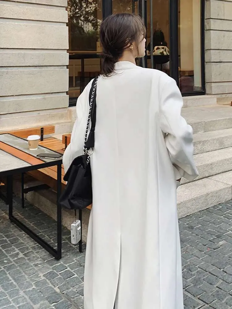 LANMREM Office Lady Long Blazer For Women V Neck Single Breasted Solid Color Coat Fashion 2024 Spring New Clothing 2DA4221