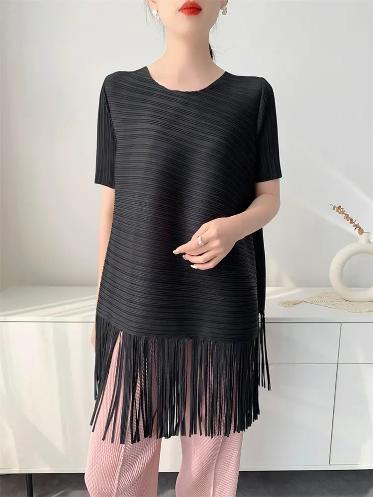 LANMREM Summer Tassel Hem Pleated Top For Women Casual Loose T-shirt 2025 New Round Neck Short Sleeved Tee Chic Clothes 2DB2880