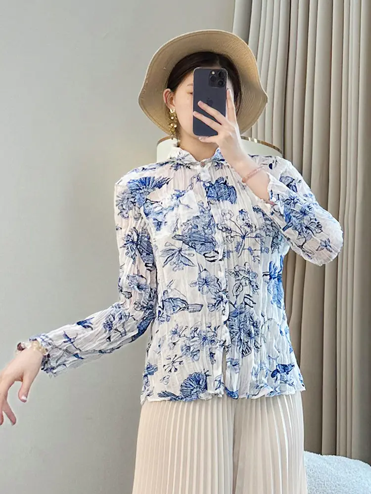 LANMREM Blue Printting Elastic Slim Pleated Women's Shirt 2025 New Long Sleeve Turn Down Collar Blouse Top Chic Fashion 2DB3430