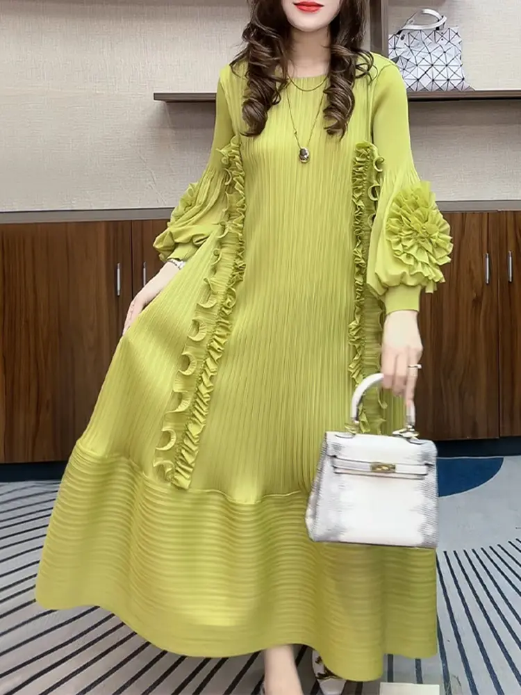 LANMREM Pleated Dress Fashion 2025 Solid Color New Style Three Dimensional Temperament Loose Long Casual Dresses 2DM1004