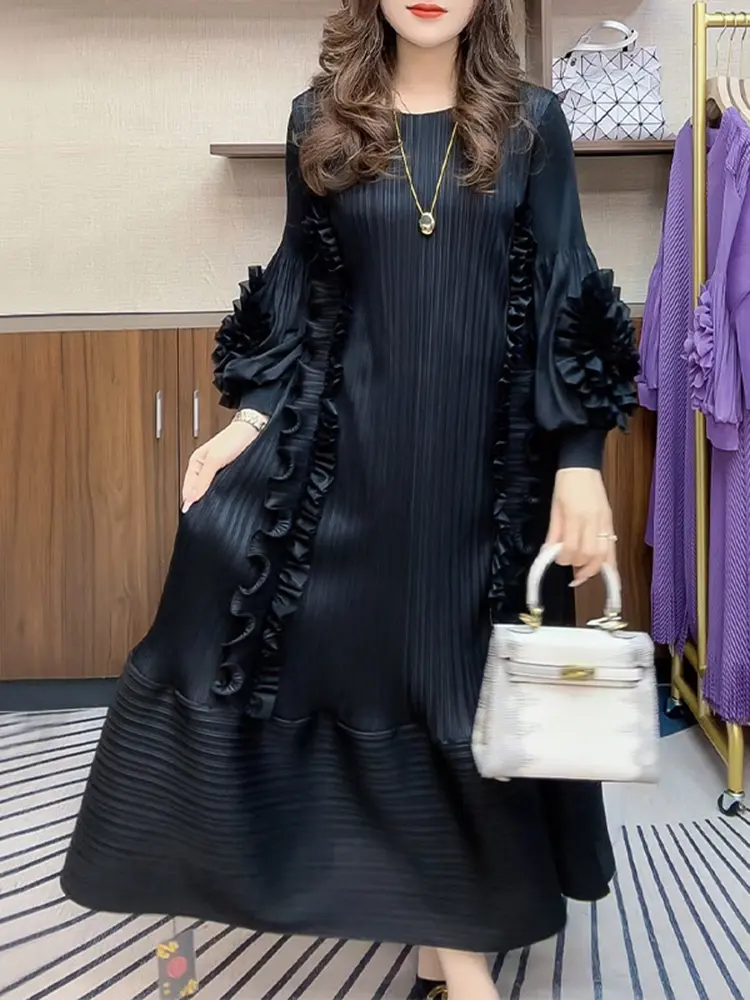 LANMREM Pleated Dress Fashion 2025 Solid Color New Style Three Dimensional Temperament Loose Long Casual Dresses 2DM1004