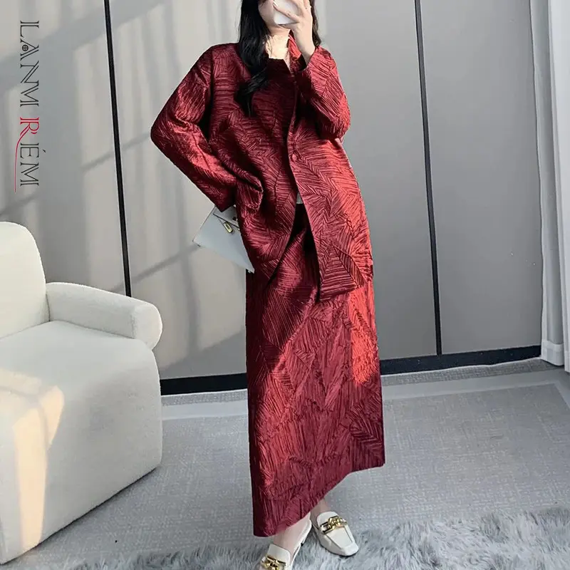 LANMREM Design Autumn Chic Pleated Women's Two Pieces Set Notched Collar Short Suit Coat + Straight Skirts With Pockets 2DB3698