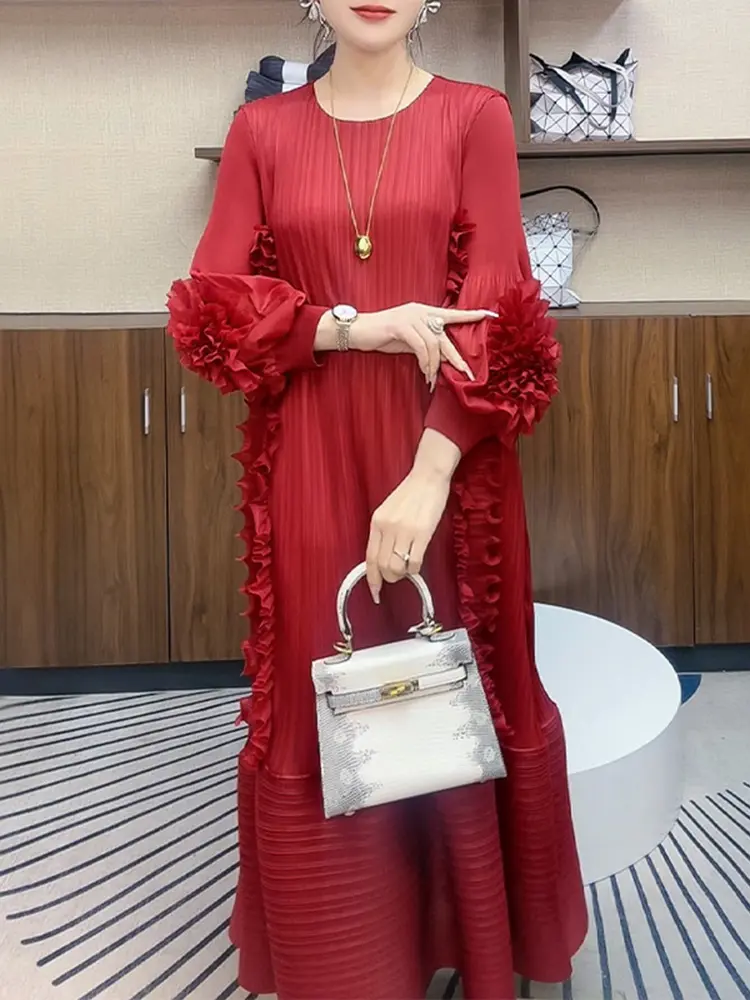 LANMREM Pleated Dress Fashion 2025 Solid Color New Style Three Dimensional Temperament Loose Long Casual Dresses 2DM1004