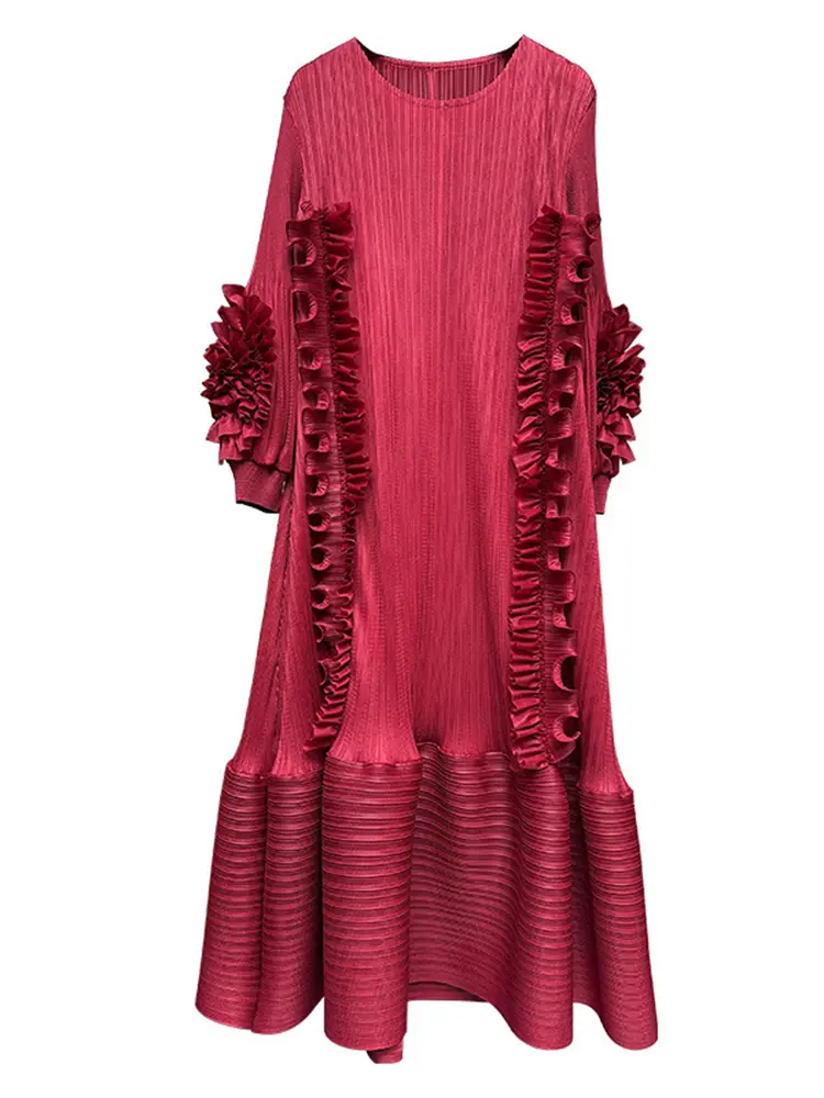 LANMREM Pleated Dress Fashion 2025 Solid Color New Style Three Dimensional Temperament Loose Long Casual Dresses 2DM1004