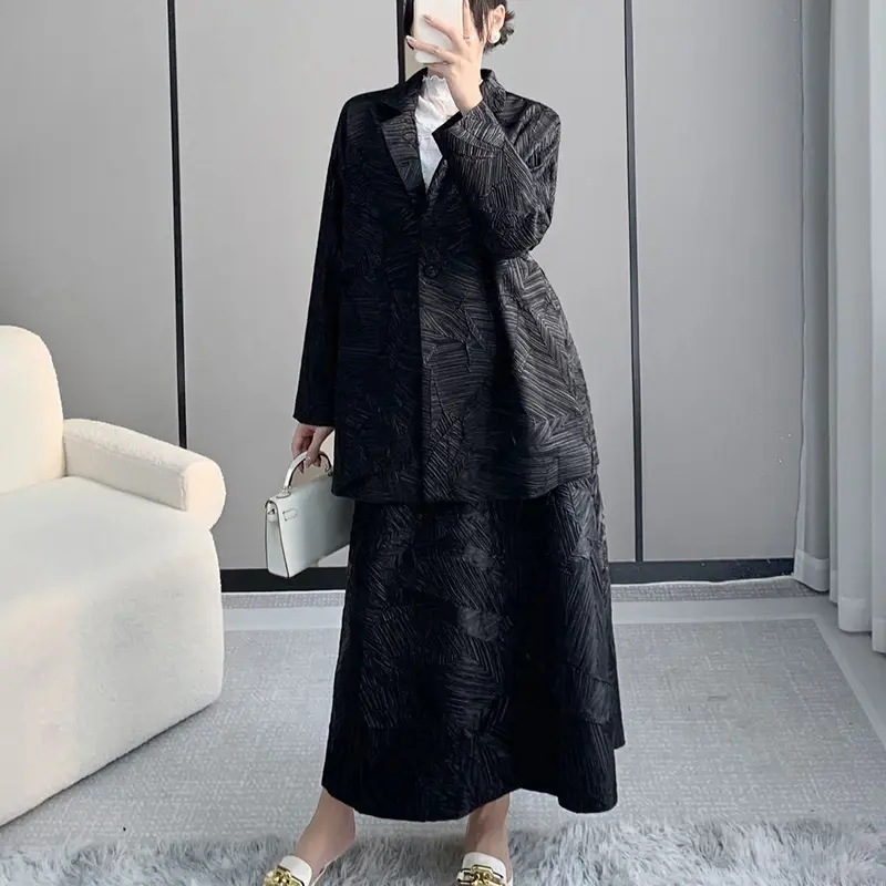 LANMREM Design Autumn Chic Pleated Women's Two Pieces Set Notched Collar Short Suit Coat + Straight Skirts With Pockets 2DB3698