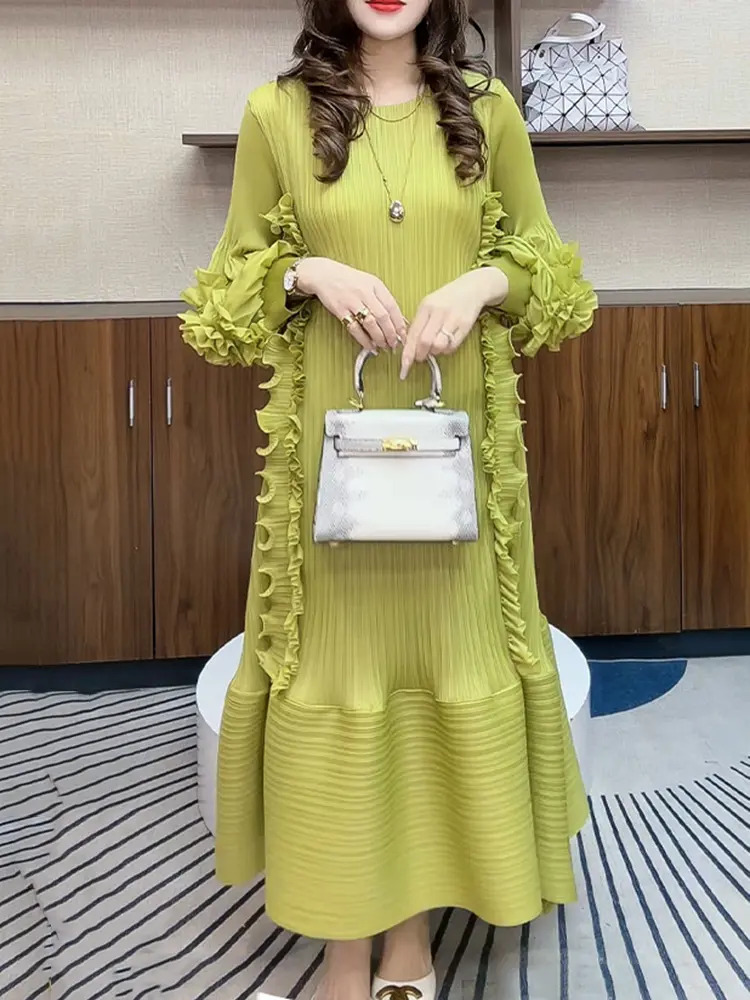 LANMREM Pleated Dress Fashion 2025 Solid Color New Style Three Dimensional Temperament Loose Long Casual Dresses 2DM1004