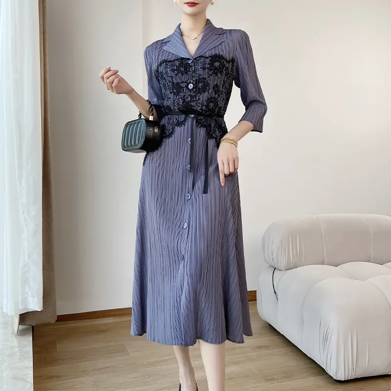 LANMREM Straight Design Niche Pleated Women's Dress Elastic Slimming Single Breasted Notched Collar Chic Famale Clothing 2DB4233