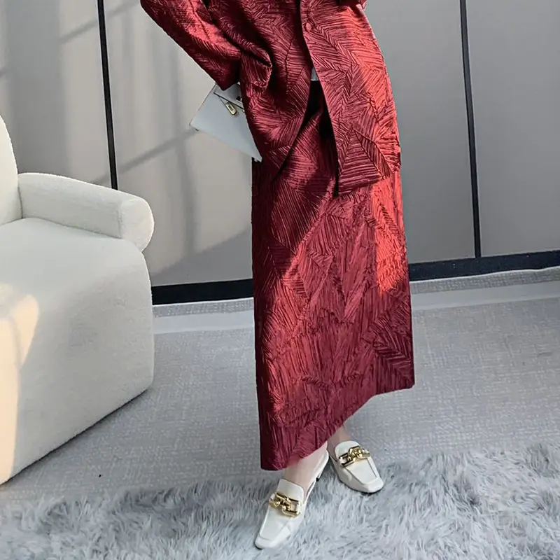 LANMREM Design Autumn Chic Pleated Women's Two Pieces Set Notched Collar Short Suit Coat + Straight Skirts With Pockets 2DB3698