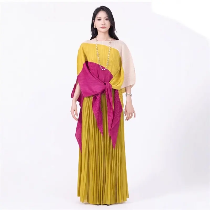 LANMREM Colorblock Patchwork Pleated Women's Two-piece Set Irregular Pullover Top And Elastic Waist Wide Leg Pants Chic 2DB4221